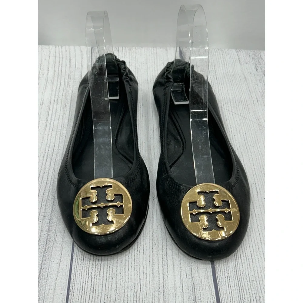 Tory‎ Burch Sz 8? Minnie Flats Black Leather Gold Logo Medallion Ballet Slip On